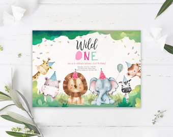 Editable Wild One Birthday Invitation Girl Safari Animals Invite Pink Birthday Party Zoo Jungle  Printable Template Digital Corjl 0001