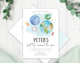 Editable Outer Space First Birthday Invitation Galaxy Blast Off First Trip Around the Sun Digital Download Template Printable Corjl 0002
