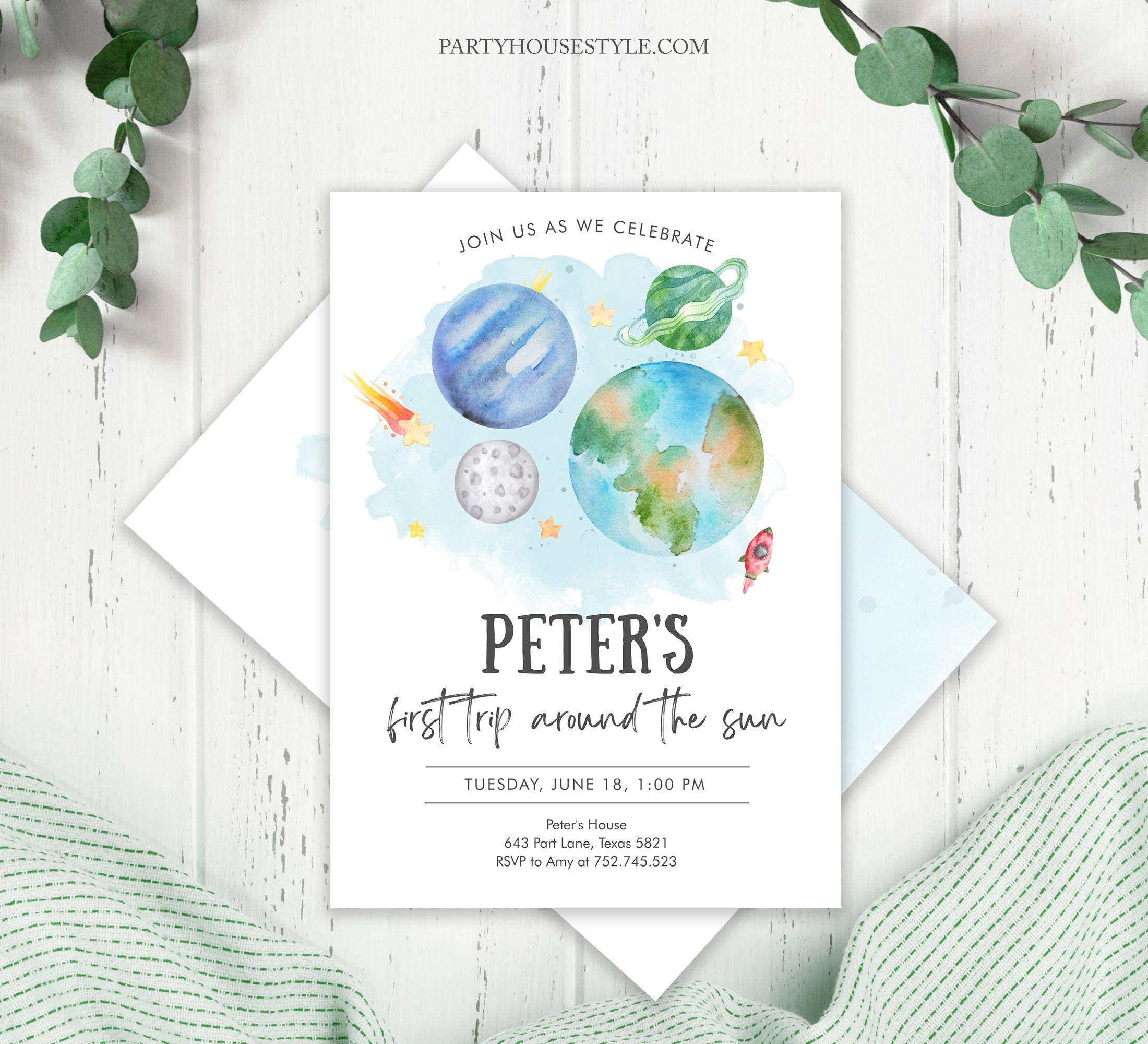Editable Outer Space First Birthday Invitation Galaxy Blast Off First Trip Around the Sun Digital Download Template Printable Corjl 0002