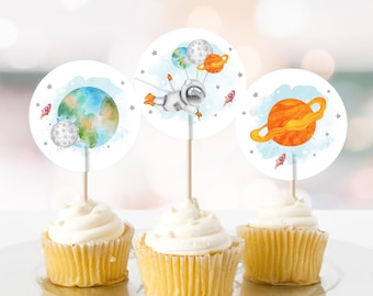 Orange Planeten Weltraum Galaxy Geburtstag Cupcake Toppers Erste Reise um die Sonne Favor Tags Weltraum Geburtstag Digital Download Printable 0004