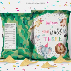 May include: A party-themed chip bag with a jungle animal theme. The bag features a giraffe, zebra, lion, elephant, and monkey wearing party hats. Text reads "Juliana is Young Wild and Three."
