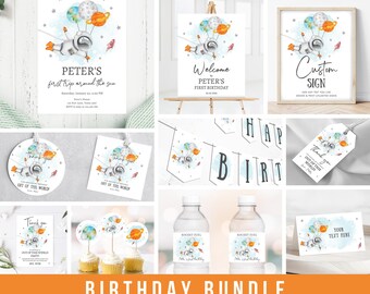 Astronaut Orange Space Birthday Invitation Bundle Space Party 1st Birthday First Trip Around the Sun Galaxy Boy Template Printable 0004
