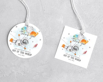 Editable Orange Planets Space Favor Tags Astronaut Birthday Thank You Sticker Orange Gift Trip Out Of World Galaxy Template Printable 0004