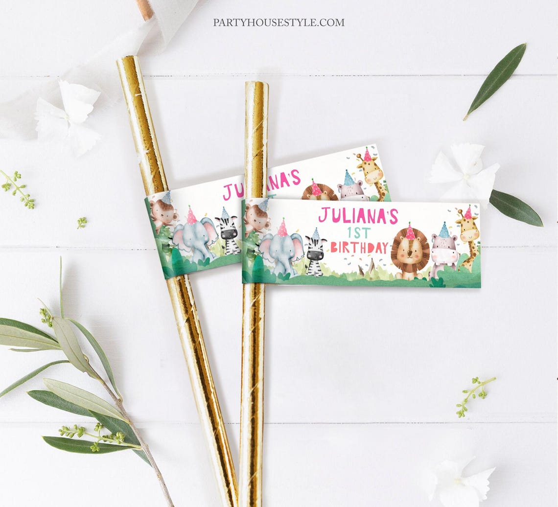 Editable Party Animals Straw Tags Safari Animal Birthday Straw Label ...