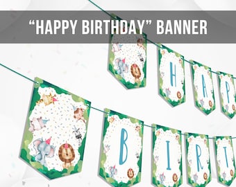 Alles Gute zum Geburtstag Banner Safari Tiere Blau Party Tiere Wild One Birthday Boy Zoo Dekorationen Download Instant Digital Printable 0001