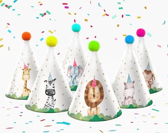 印刷可能なパーティーハット パーティーアニマル 誕生日パーティー 誕生日デコレーション サファリ 誕生日 ワイルドワン ジャングルデコレーション DIY デジタル印刷可能 0001
