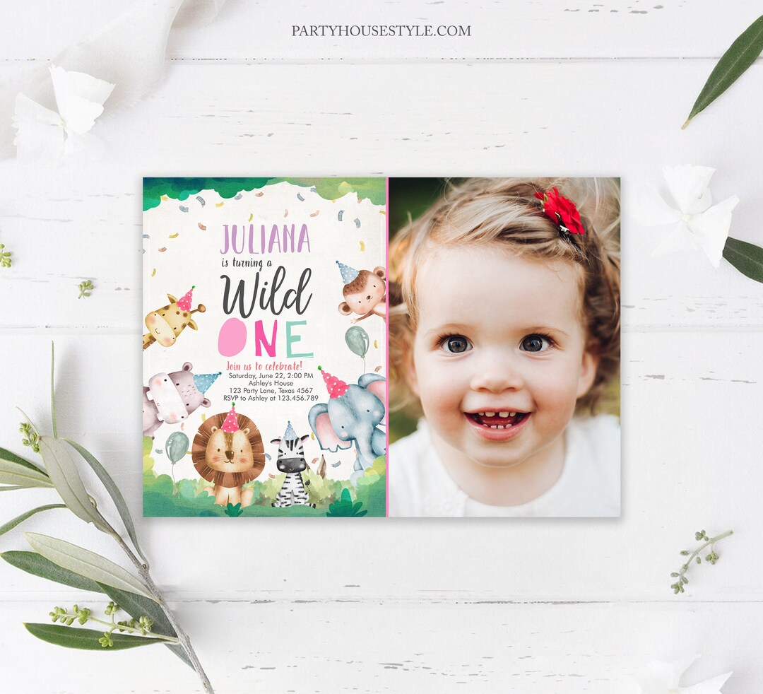Editable Wild One Birthday Invitation Girl Safari Animals Invite Pink
