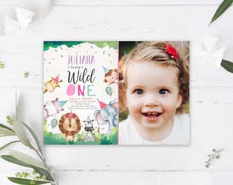 Editable Wild One Birthday Invitation Girl Safari Animals Invite Pink Party Animals First Birthday Invite Template Printable Corjl 0001