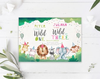 May include: A green and blue invitation with a jungle theme. The invitation says "Peter is turning a Wild One" and "Juliana is young Wild and Three". The invitation features a giraffe, lion, zebra, elephant, and monkey.