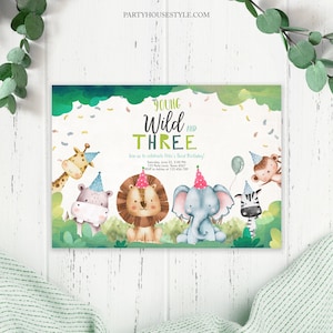 Editable Young Wild and Three Invitation Boy Safari Animals Zoo Wild Third Birthday 3rd Party Invite Template Printable Corjl 0001