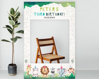 Editable Party Animals Birthday Photo Booth Sign Frame Safari Boy Birthday Wild One Party Photo Poster Decor Template Digital Corjl 0001