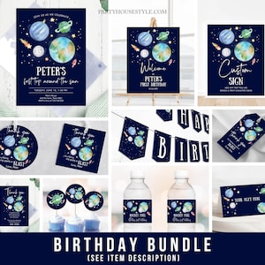 Dark Space Birthday Invitation Bundle Space Party 1st Birthday First Trip Around the Sun Galaxy Boy Astronaut Template Printable Corjl 0002