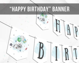 Happy Birthday Banner Astronaut Space Galaxy Planets Banner Boy Galaxy First Birthday Rocket Download Instant Digital Printable DIY 0004