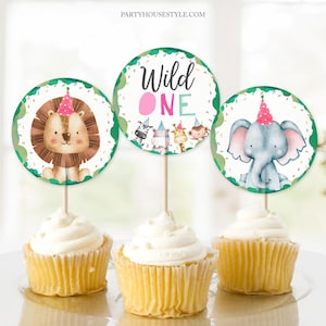 Party Animals Cupcake Toppers Favor Tags Birthday Party Decoration Animals Safari Zoo 1st Birthday Wild One Digital Download Printable 0001