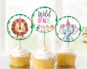 Adornos para cupcakes con temática de animales de fiesta, etiquetas de recuerdo, decoración para fiesta de cumpleaños, animales de safari y zoológico, primer cumpleaños, salvaje, descarga digital imprimible 0001