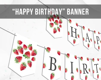 Happy Birthday Banner Strawberry Birthday Banner Girl Strawberries Decorations Girl Berry Sweet 1st Download Instant Digital Printable 0008