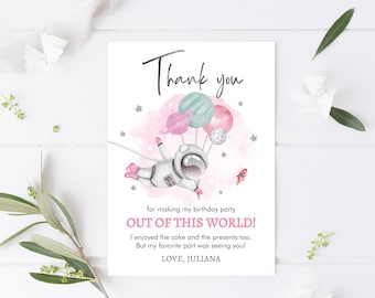 Editable Astronaut Space Birthday Thank You Card Girl Astronaut To the Moon Galaxy Thank You Note Template Printable Download Digital 0004