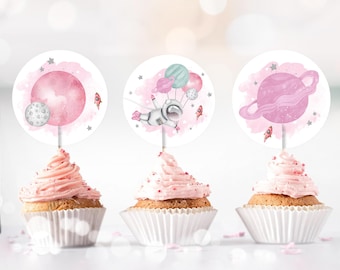 Rosa Astronaut Weltraum Geburtstag Cupcake Toppers Erste Reise um die Sonne Favor Tags Weltraum Geburtstag Planeten Galaxie Mädchen Digitaler Download 0004