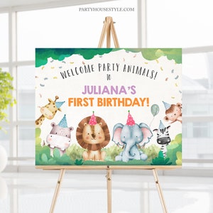 Editable Party Animals Welcome Sign Party Animal Sign Zoo Safari Welcome Jungle Sign Birthday Animals Girl Template Printable Corjl 0001