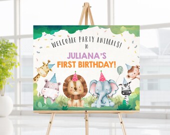 Editable Party Animals Welcome Sign Party Animal Sign Zoo Safari Welcome Jungle Sign Birthday Animals Girl Template Printable Corjl 0001