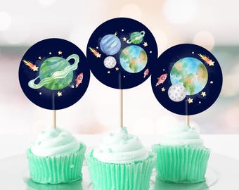Galaxy Space Birthday Cupcake Toppers First Trip Around the Sun Favor Tags Outer Space Birthday Planets Galaxy Digital Download Corjl 0002