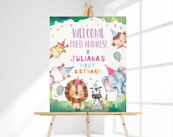 Editable Party Animals Welcome Sign Party Animal Sign Zoo Safari Welcome Jungle Sign Birthday Animals Girl Template Printable Corjl 0001