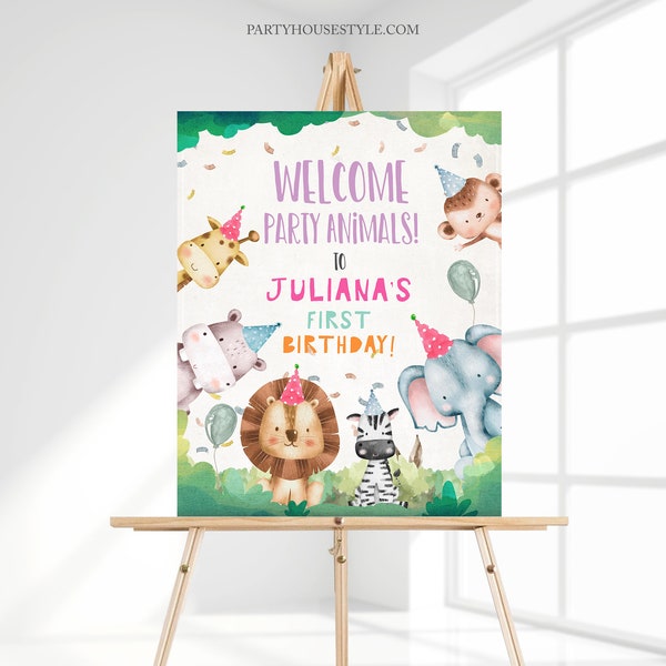 Editable Party Animals Welcome Sign Party Animal Sign Zoo Safari Welcome Jungle Sign Birthday Animals Girl Template Printable Corjl 0001