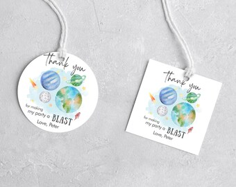 Editable Space Birthday Thank you Sticker Outer Space Favor Tags Galaxy Gift tags Trip Around the Sun Planets Template Printable Corjl 0002