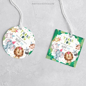 Editable Party Animals Favor tags Wild One Thank You tag Safari Animals Zoo Birthday Wild Time Girl Stickers Template Printable Corjl 0001