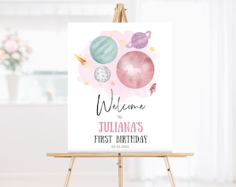 Editable Space and Galaxy Outer Birthday Welcome Sign Birthday Girl Pink Galaxy Planets Trip Around the Sun Template Printable Corjl 0002