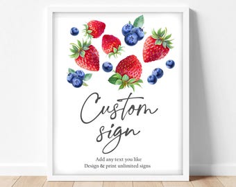 Editable Custom Sign Berry First Birthday Sign Berry Sweet Party Decor Girl Strawberries Blueberry Decoration Template Printable Corjl 0008