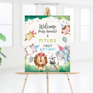 Bewerkbare feestbeesten welkomstbord jongen verjaardagsfeestje Safari dieren teken dierentuin welkom Jungle tafel teken sjabloon afdrukbare Corjl 0001