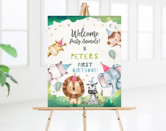Editable Party Animals Welcome Sign Boy Birthday Party Safari Animals Sign Zoo Welcome Jungle Table Sign Template Printable Corjl 0001