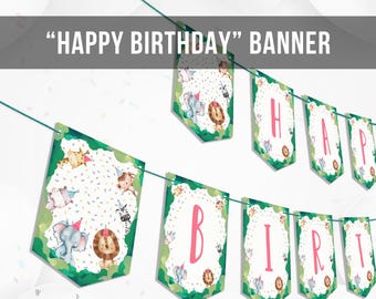 Happy Birthday Banner Safari Animals Pink Party Animals Wild One Birthday Girl Zoo Decorations Download Instant Digital Printable 0001