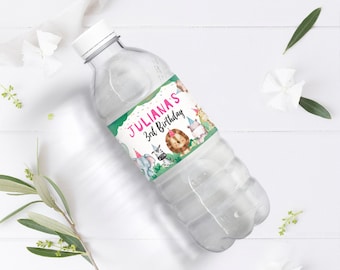 Editable Water Bottle Labels Party Animals Girl Birthday Wild One Birthday Decor Animals Safari Bottle Labels Template Printable Corjl 0001