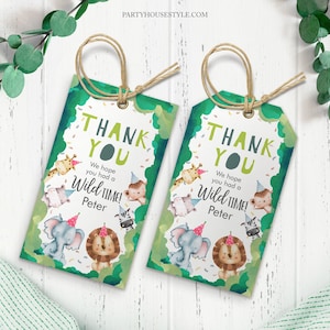 Editable Favor Tags Wild One Animals Thank You Tags Party Animals Zoo Safari Boy Birthday Wild Time Gift Tag Digital Template Corjl 0001