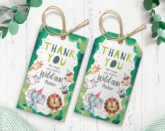 Editable Favor Tags Wild One Animals Thank You Tags Party Animals Zoo Safari Boy Birthday Wild Time Gift Tag Digital Template Corjl 0001