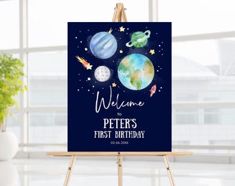 Bewerkbare Galaxy Space verjaardag welkomstbord 1e verjaardag jongen Galaxy planeten reis rond de zon Astronaut afdrukbare sjabloon Corjl 0002