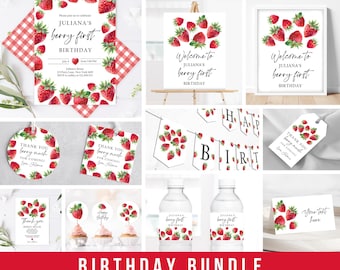 Pink Gingham Berry First Birthday Invitation Bundle, Strawberry 1st Birthday Invitation Template, Berry Birthday Decor, Birthday Girl 0008