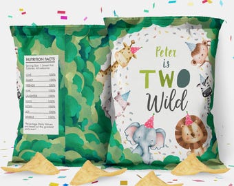 May include: A green and white chip bag with a jungle animal theme. The bag has a nutrition facts label and says "Peter is Two Wild".