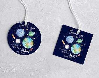 Editable Galaxy Space Favor Tags Outer Space Birthday Thank you Sticker Galaxy Gift Tag Trip Around the Sun Planets Template Printable 0002