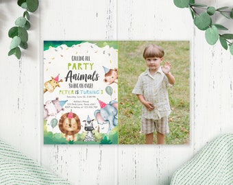 Editable Party Animals Birthday Invitation Wild One Animals Invitation Zoo Safari Animals Boy Download Invite Template Printable Corjl 0001