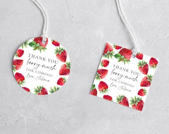 Editable Strawberry Favor Tag Strawberry Birthday Thank You Stickers Label Berry Much Gift Farmers Digital Template Printable Corjl 0008