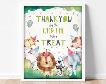 Thank You Wild Time Birthday Sign Party Take a Treat Sign Party Jungle Safari Animals Boy Baby Party Decor Instant Download Printable 0001