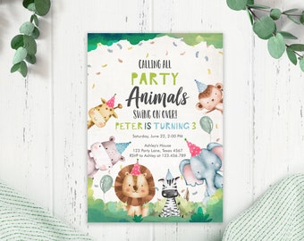 Editable Party Animals Birthday Invitation Wild One Animals Invitation Zoo Safari Animals Boy Download Invite Template Printable Corjl 0001