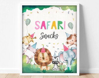Safari Snacks Birthday Sign, Jungle Animals Party Girl Table Decor (Digital Download) 0001