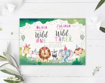 Editable Wild One Young Wild and Three Birthday Invitation Party Animals Siblings Girl First Third 1st 3rd Safari Joint Template Corjl 0001