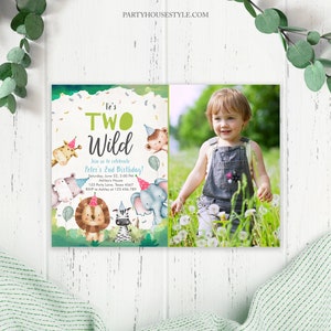 Editable Two Wild Birthday Invitation Boy First Birthday 1st Safari Animals Jungle Zoo Party Animals Digital Template Printable Corjl 0001