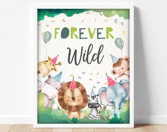 Tiere für immer Wild Geburtstag Zeichen Party vier immer vierter Geburtstag Safari Boy Baby Party grün Tiere Zoo Dekor Download Printable 0001