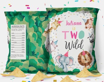 May include: Chip bag favor with a green jungle background and a white circle with the text "Juliana is Two Wild" in pink and gray. The circle is surrounded by cartoon animals wearing party hats.
